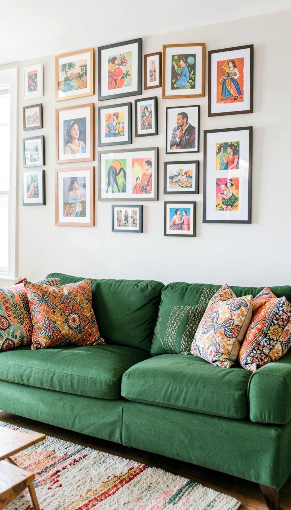 Bright living room with a gallery wall of colorful framed art above a green sofa layered with jewel-toned patterned cushions