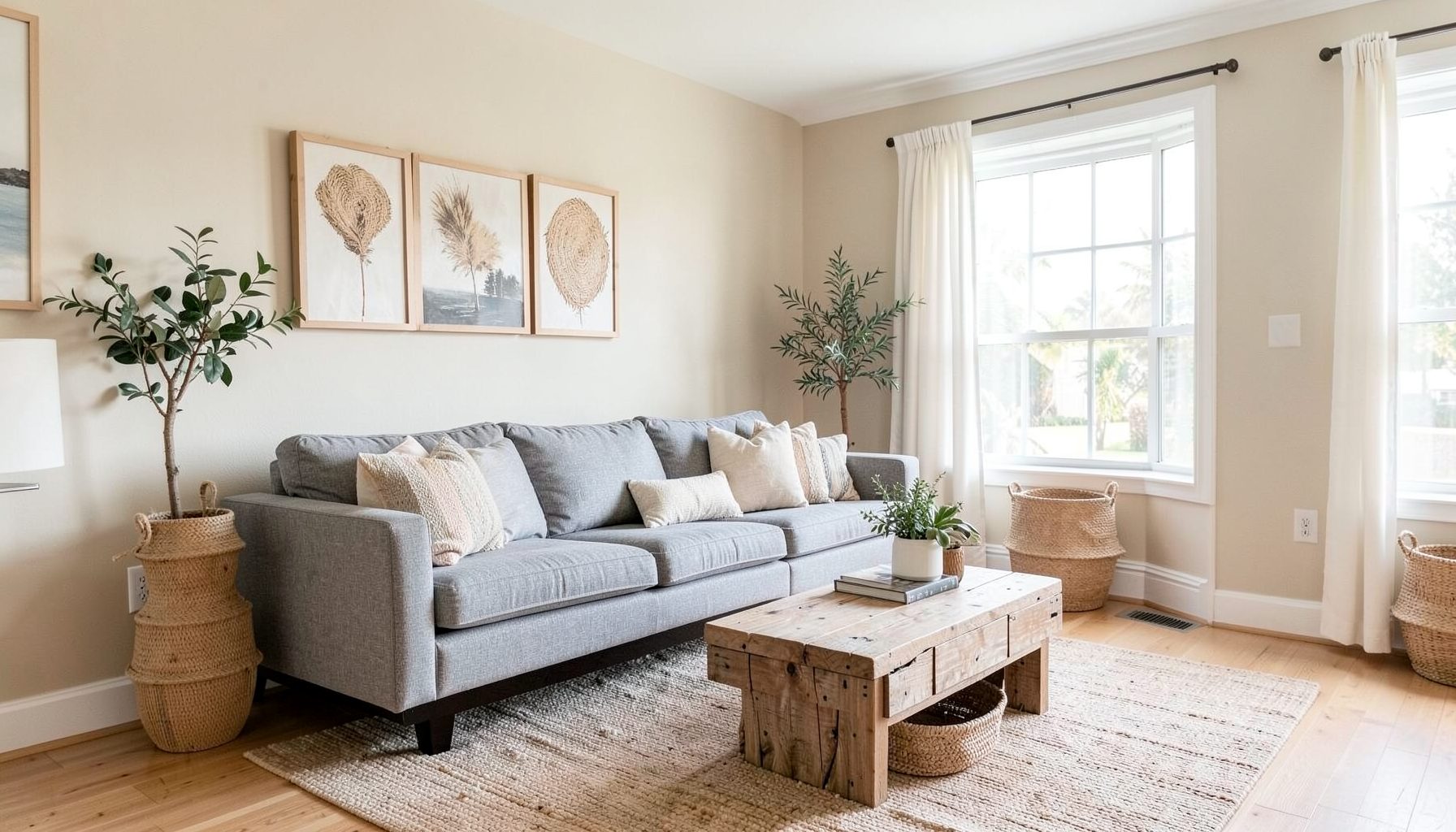 Bright living room with a soft gray fabric sofa, light beige walls, and airy coastal-inspired decor with natural textures