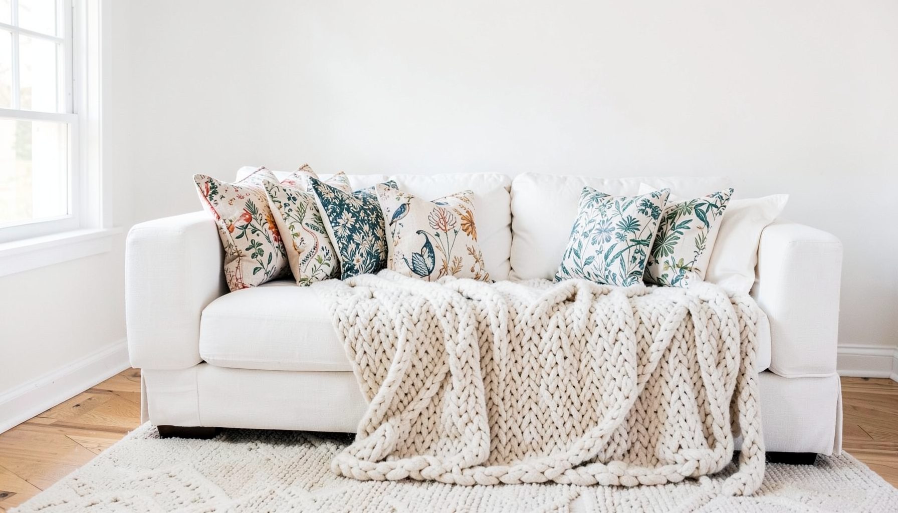 Bright living room with a white daybed styled as a sofa, layered with patterned pillows and a chunky knit throw