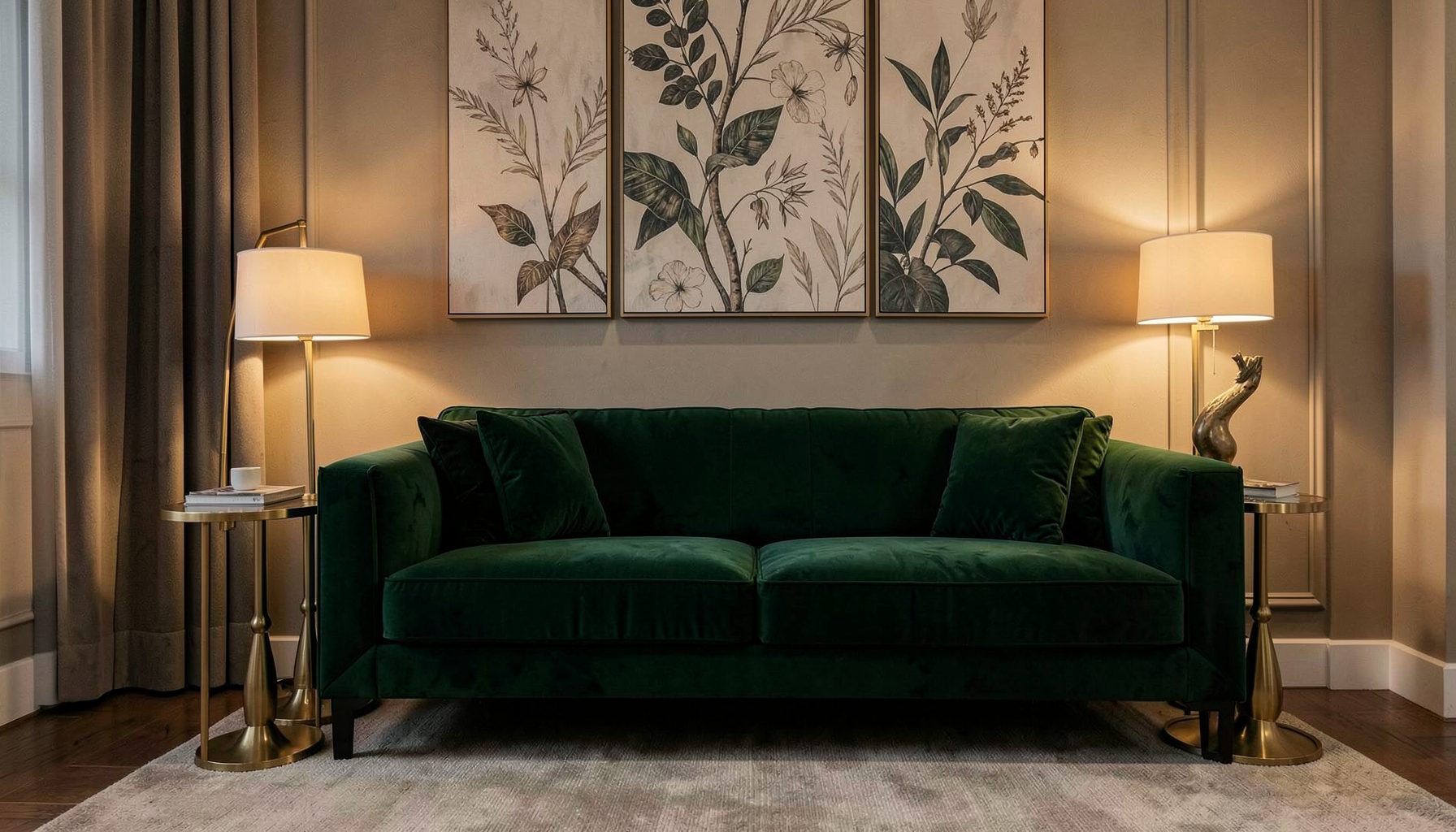 Elegant living room with a deep green velvet sofa, gold side table, and botanical wall art in warm ambient light