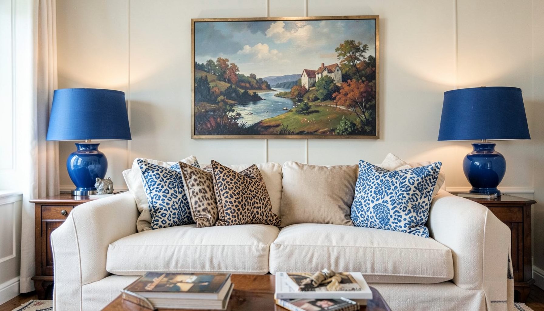 Elegant living room with cream sofa, animal-print and blue patterned pillows, large landscape painting, and blue table lamps