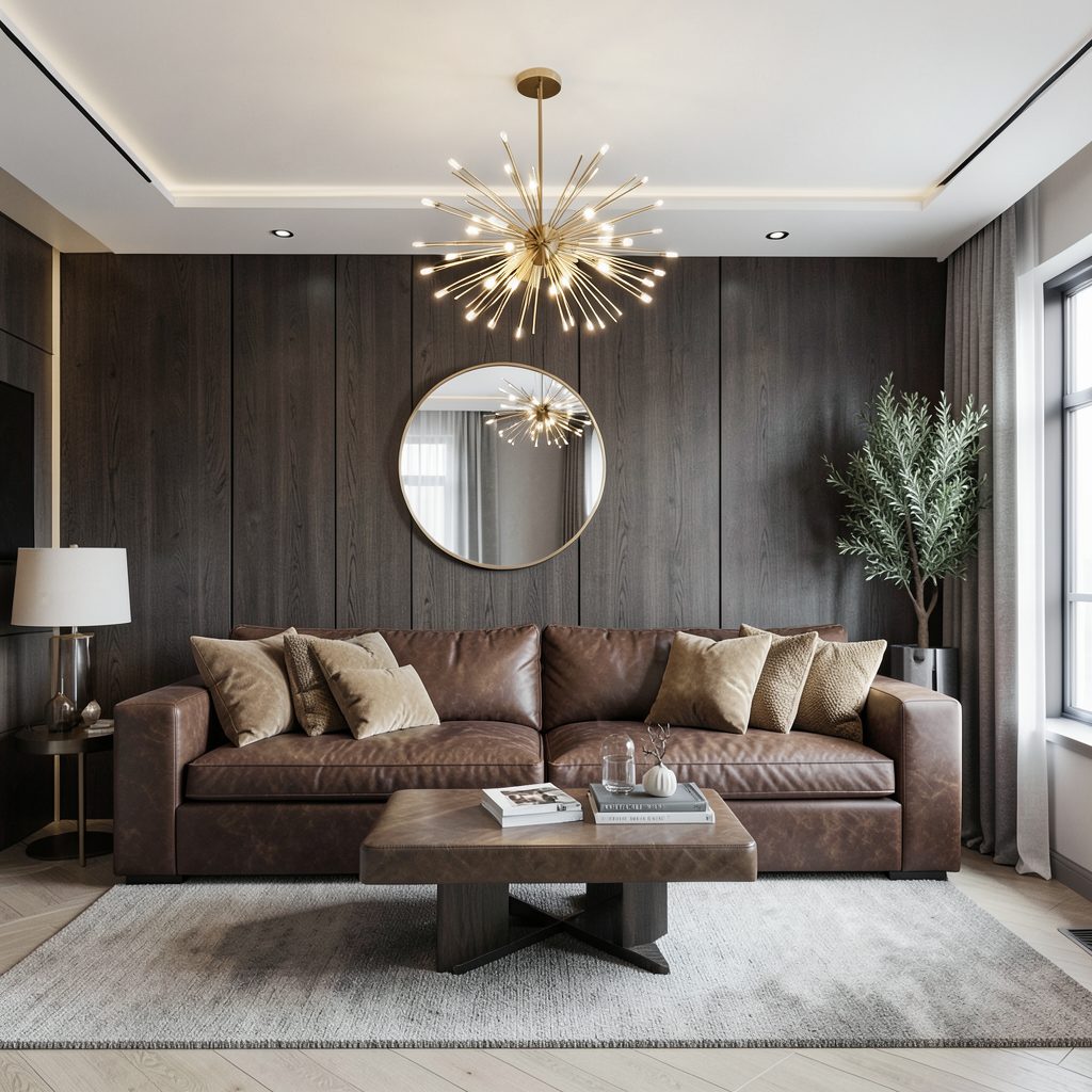 Modern living room with dark wood-panel accent wall, round mirror, starburst pendant chandelier, brown leather sofa, and tan accents