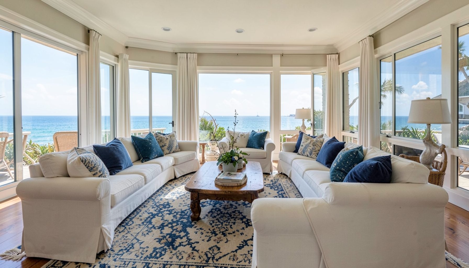 Spacious Hamptons-style living room with white sofas, blue accents, and large windows overlooking a coastal view